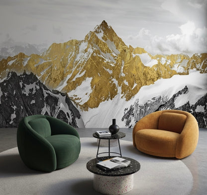 Golden Summit: Luxe Gold & Snow Mountain Mural