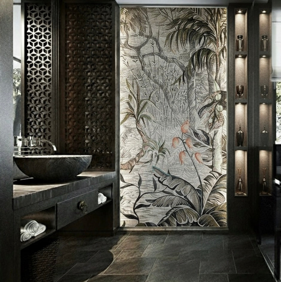 Monochrome Jungle Custom Glass Mosaic Mural - Grey & White Botanical Wall Art