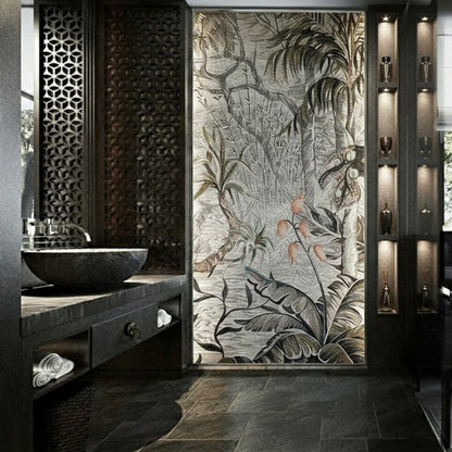 Monochrome Jungle Custom Glass Mosaic Mural - Grey & White Botanical Wall Art