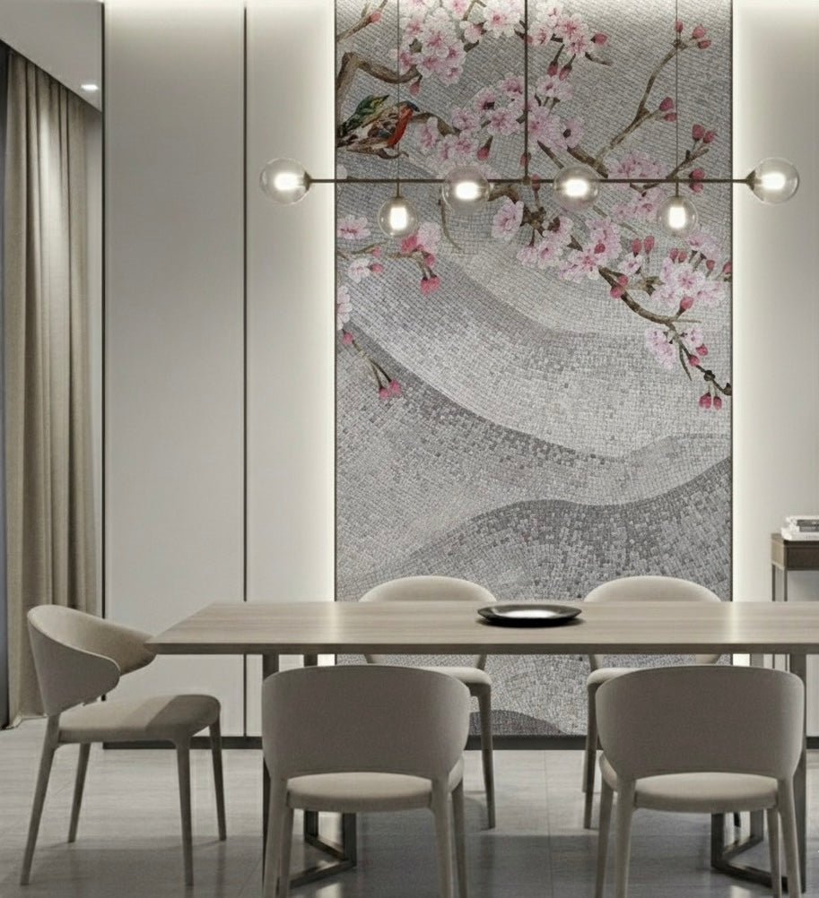 Serene Cherry Blossom & Bird Custom Glass Mosaic Mural - Japanese Floral Art Tile
