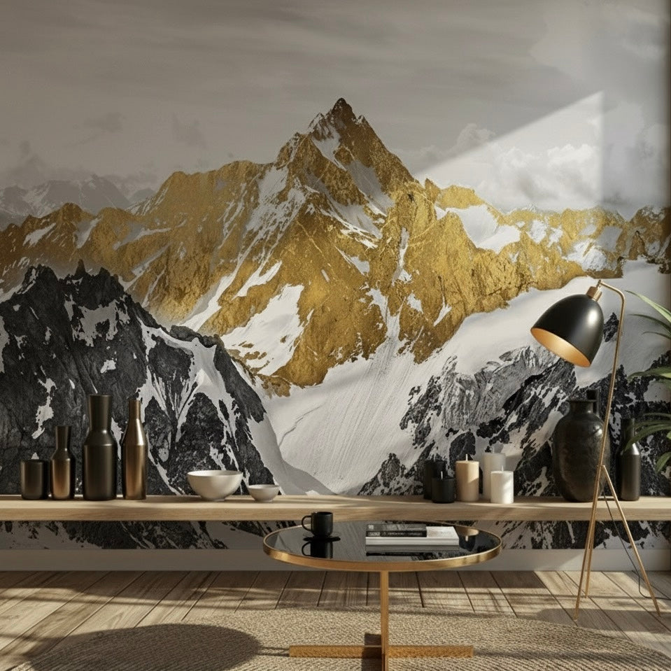 Golden Summit: Luxe Gold & Snow Mountain Mural