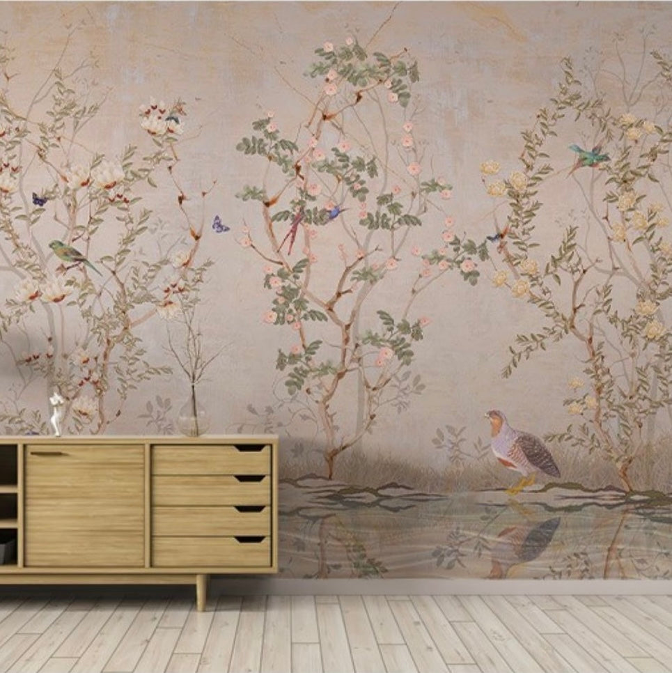 custom-wallpaper-vintage-pastoral-mural-birds-and-flowers