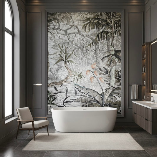 Monochrome Jungle Custom Glass Mosaic Mural - Grey & White Botanical Wall Art