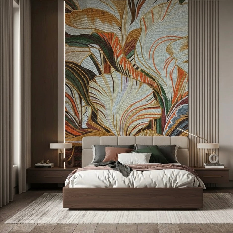 Custom Glass Mosaic Mural: Abstract Tropical Foliage in Copper & Gold 