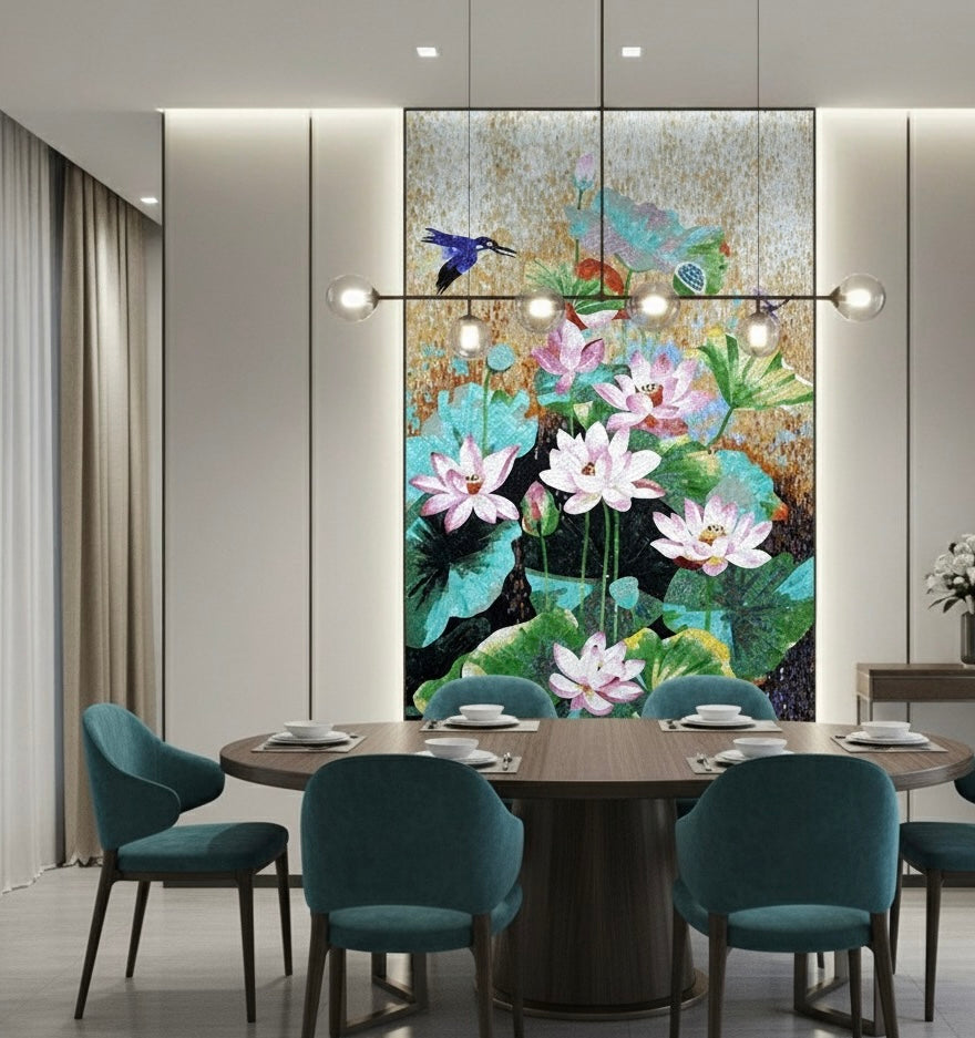 Custom Glass Mosaic Mural: Elegant Pink Lotus Flower & Kingfisher Art