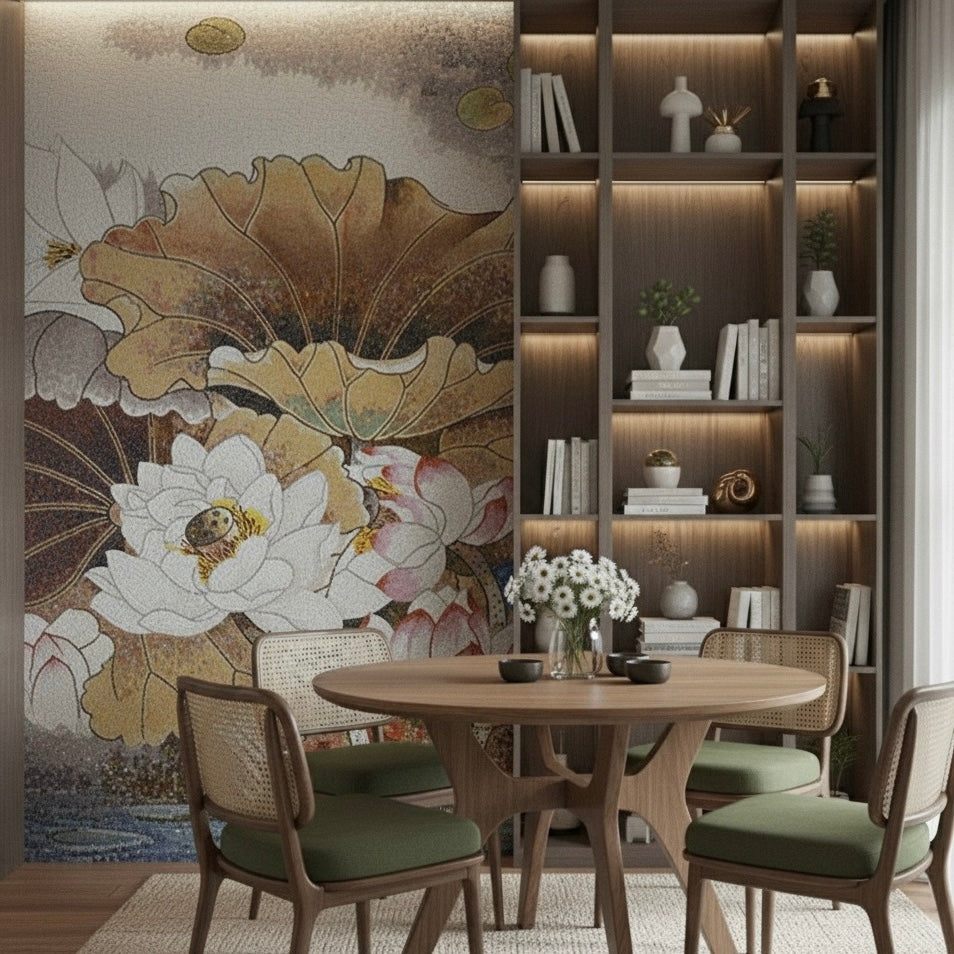 Dining room with floral mosaic wall art and wooden table