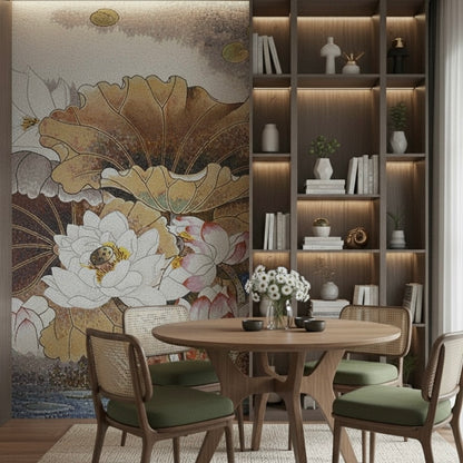Dining room with floral mosaic wall art and wooden table