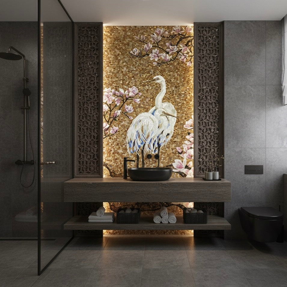 Golden Egret & Magnolia Custom Glass Mosaic Mural - Luxury Bird & Floral Art