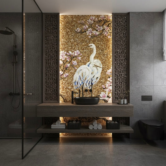 Golden Egret & Magnolia Custom Glass Mosaic Mural - Luxury Bird & Floral Art