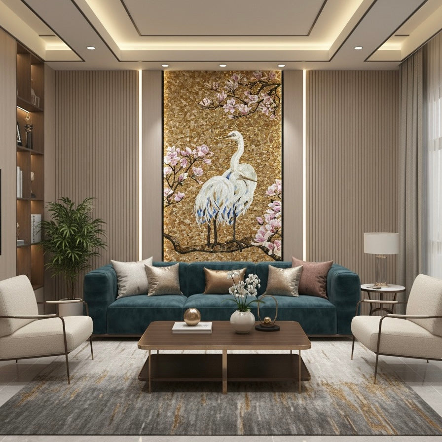 Golden Egret & Magnolia Glass Mosaic Mural - Luxury Bird & Floral Art