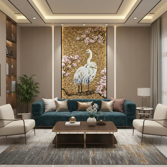 Golden Egret & Magnolia Glass Mosaic Mural - Luxury Bird & Floral Art