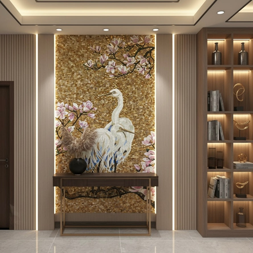 Golden Egret & Magnolia Custom Glass Mosaic Mural - Luxury Bird & Floral Art