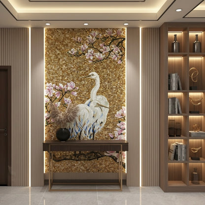 Golden Egret & Magnolia Custom Glass Mosaic Mural - Luxury Bird & Floral Art