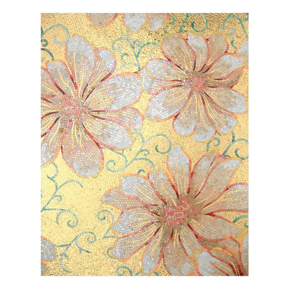 Decorative mosaic mural with floral design on a yellow background