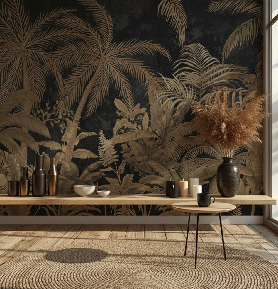 Modern interior with tropical wallpaper, wooden table, and decorative items.