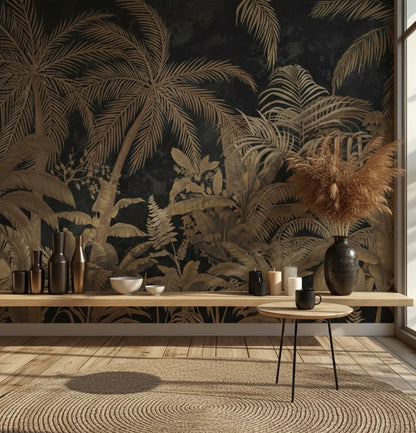 Modern interior with tropical wallpaper, wooden table, and decorative items.