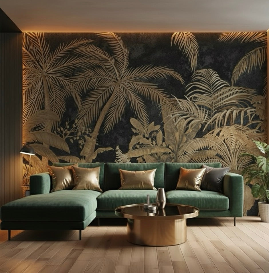 Modern living room with a green sofa and palm leaf wallpaper.