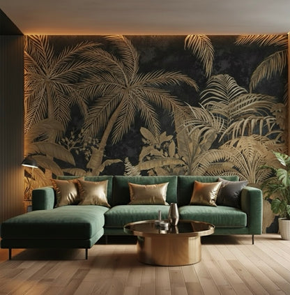 Modern living room with a green sofa and palm leaf wallpaper.