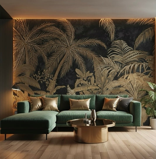 Modern living room with a green sofa and palm leaf wallpaper.