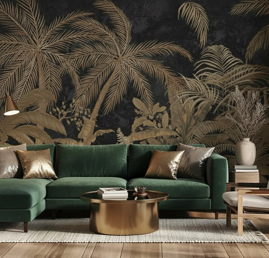 Modern living room with green sofa, gold coffee table, and palm leaf wallpaper.