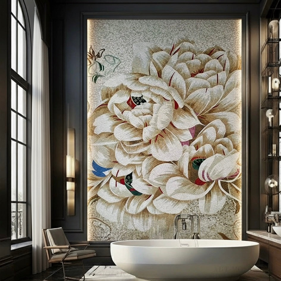 Decorative mosaic mural of a floral design in a modern bathroom setting.