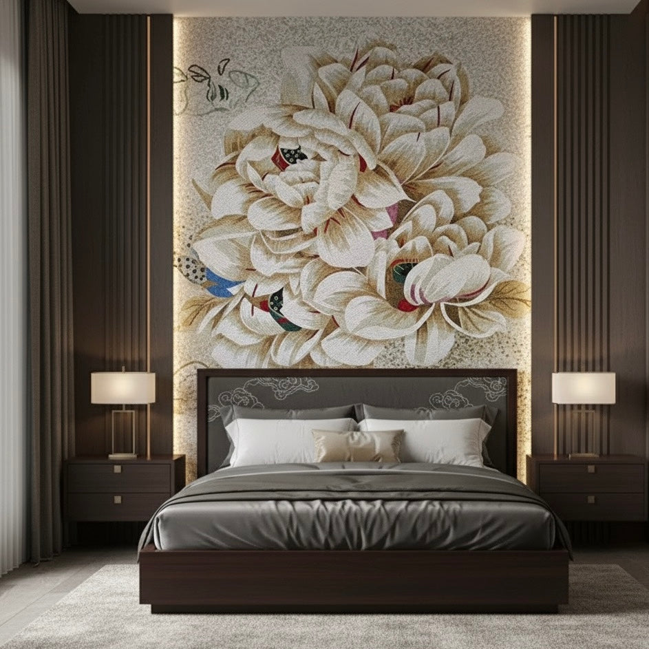 Modern bedroom with a large floral mosaic mural on the wall.
