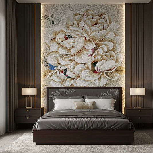 Modern bedroom with a large floral mosaic mural on the wall.