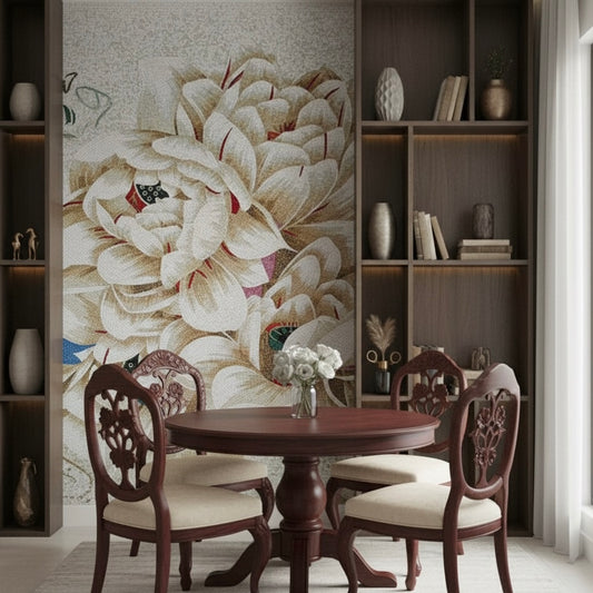 Dining room with wooden table and chairs against a floral mosaic mural.