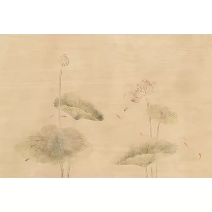 Traditional Chinese ink painting of lotus flowers on a beige background