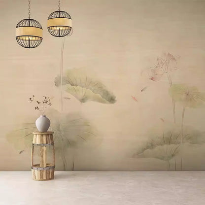 Hand-Painted Style Watercolor Lotus Pond Wall Mural | Tranquil Asian Aesthetic Custom Wallpaper