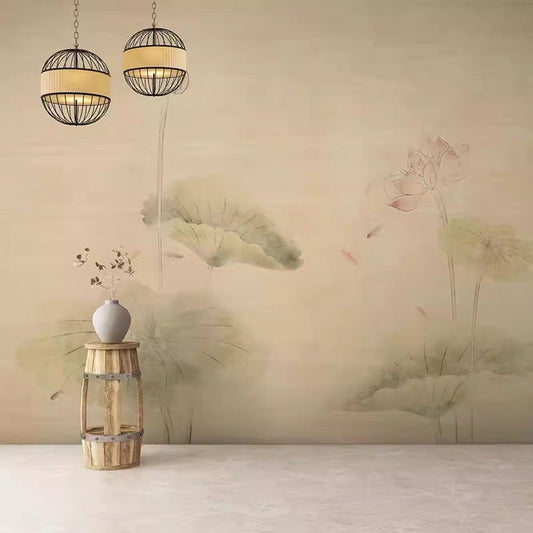 Hand-Painted Style Watercolor Lotus Pond Wall Mural | Tranquil Asian Aesthetic Custom Wallpaper