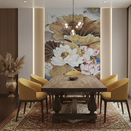 Dining room with a large floral mosaic mural on the wall, wooden table, and yellow chairs.