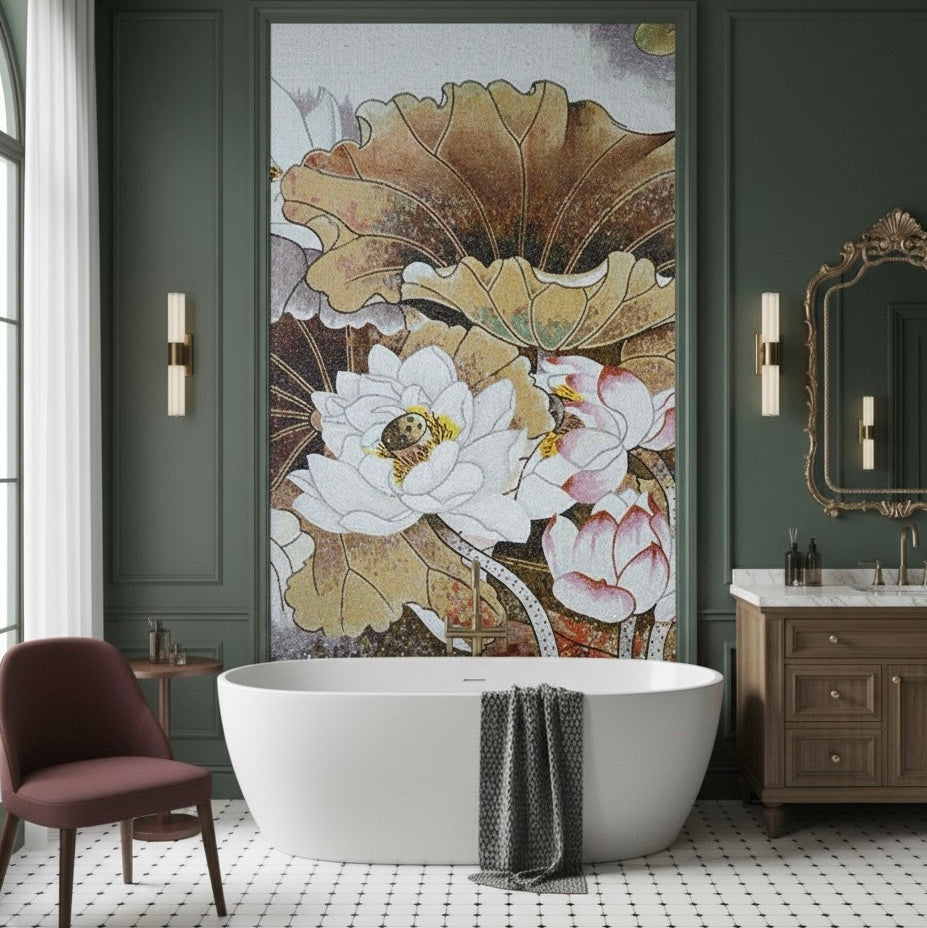 Bathroom with a large floral mosaic mural on the wall, white freestanding bathtub, and wooden vanity.