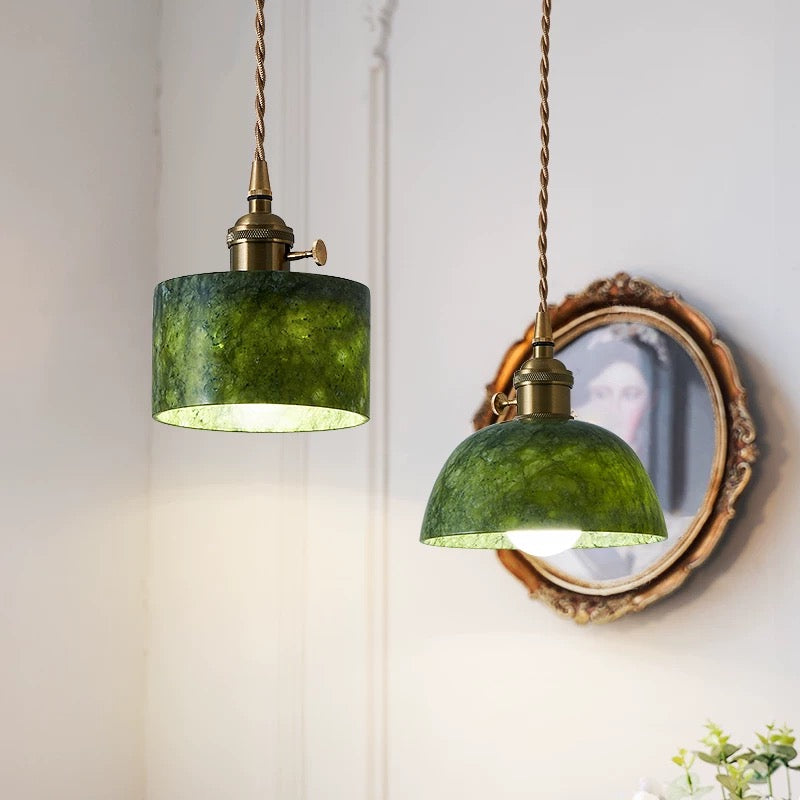 French vintage pendant light with natural jade lampshade - 3-color LED adjustable lighting for bedroom, dining room, or entryway