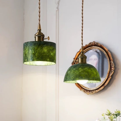 French vintage pendant light with natural jade lampshade - 3-color LED adjustable lighting for bedroom, dining room, or entryway