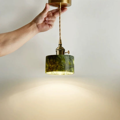 French vintage pendant light with natural jade lampshade - 3-color LED adjustable lighting for bedroom, dining room, or entryway