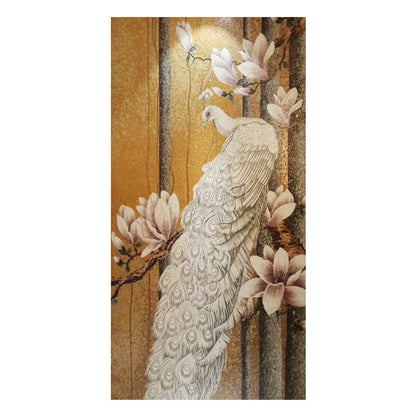 Custom Luxury White Peacock Glass Mosaic Mural - Handcrafted Magnolia & Gold Tile Art