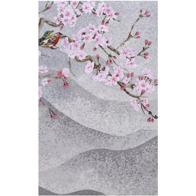 Serene Cherry Blossom & Bird Custom Glass Mosaic Mural - Japanese Floral Art Tile