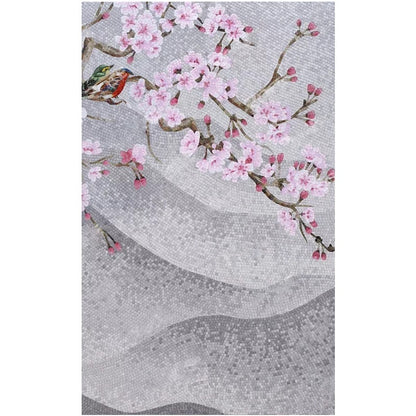Serene Cherry Blossom & Bird Custom Glass Mosaic Mural - Japanese Floral Art Tile
