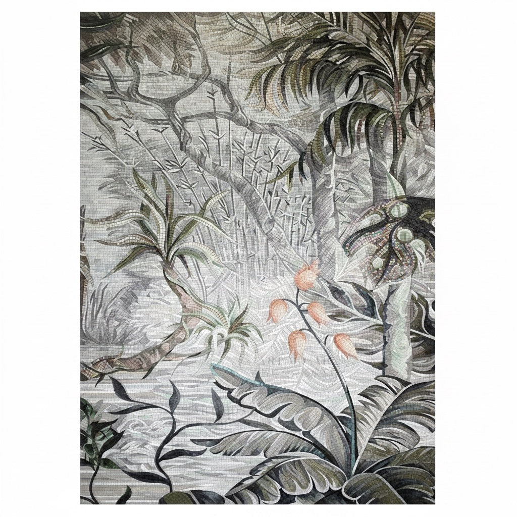 Monochrome Jungle Custom Glass Mosaic Mural - Grey & White Botanical Wall Art