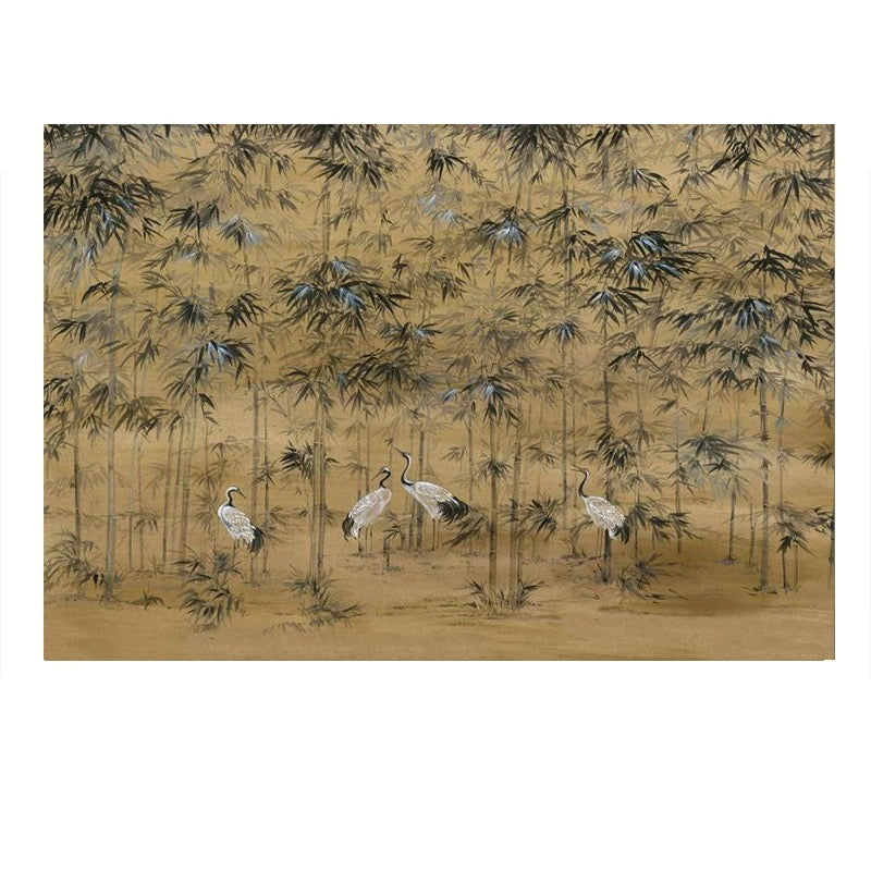 Chinoiserie wallpaper featuring cranes in a bamboo forest on an antique gold background.