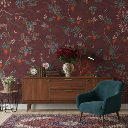 Imperial Grove Chinoiserie Wallpaper Mural | Burgundy Botanical Birds Non-Pasted Wallcovering