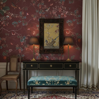 Imperial Grove Chinoiserie Wallpaper Mural | Burgundy Botanical Birds Non-Pasted Wallcovering