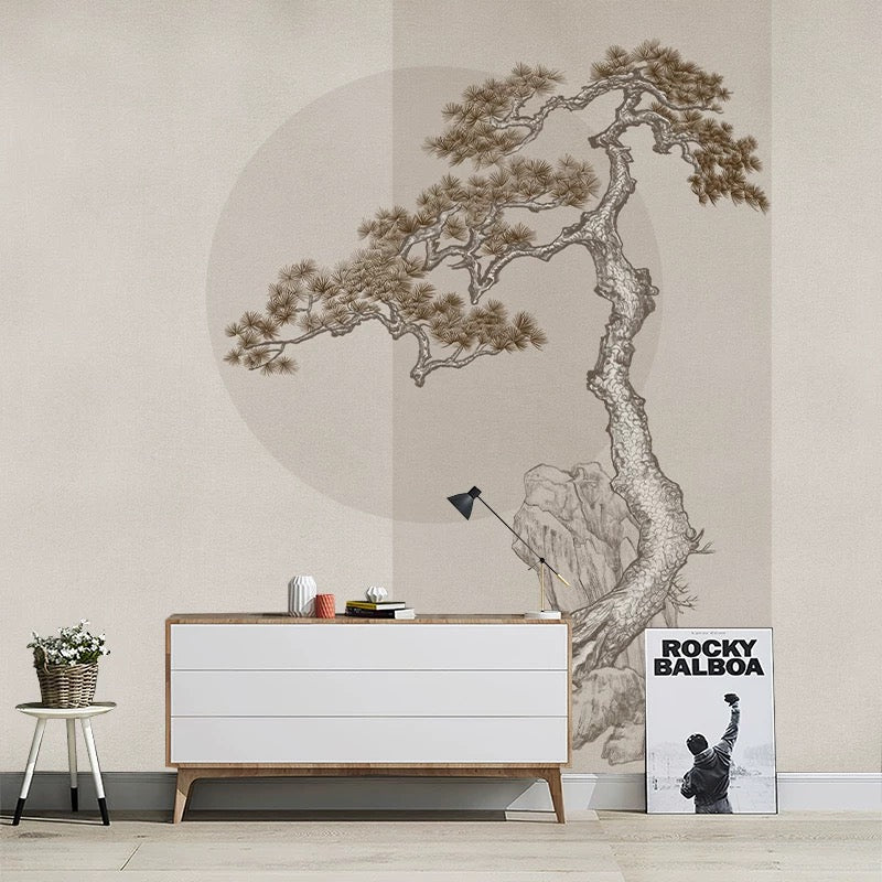Japanese-Style Bonsai Tree Mural Minimalist Ink Drawing
