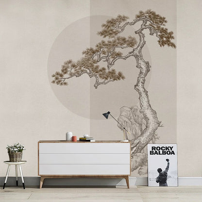 Japanese-Style Bonsai Tree Mural Minimalist Ink Drawing