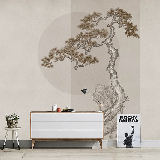 Japanese-Style Bonsai Tree Mural Minimalist Ink Drawing