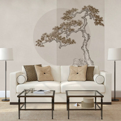 Japanese-Style Bonsai Tree Mural Minimalist Ink Drawing