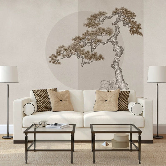 Japanese-Style Bonsai Tree Mural Minimalist Ink Drawing