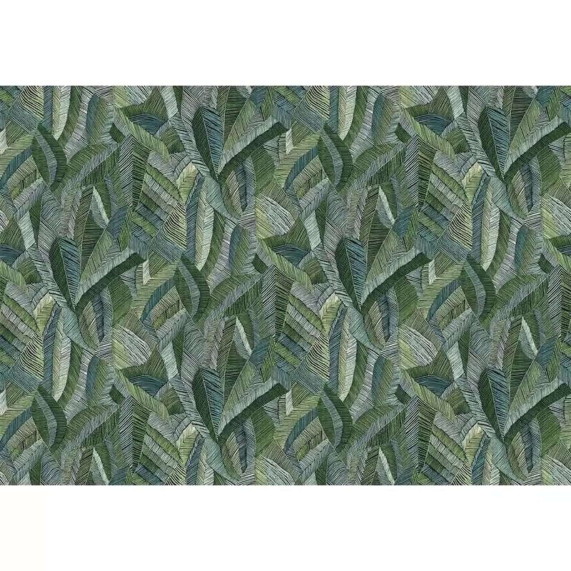 Leaf patterned wallpaper with green and blue tones on a white background