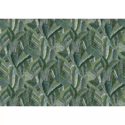 Leaf patterned wallpaper with green and blue tones on a white background